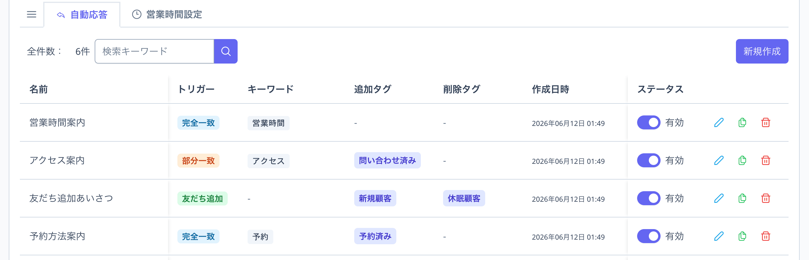 「自動応答」「営業時間設定」タブ