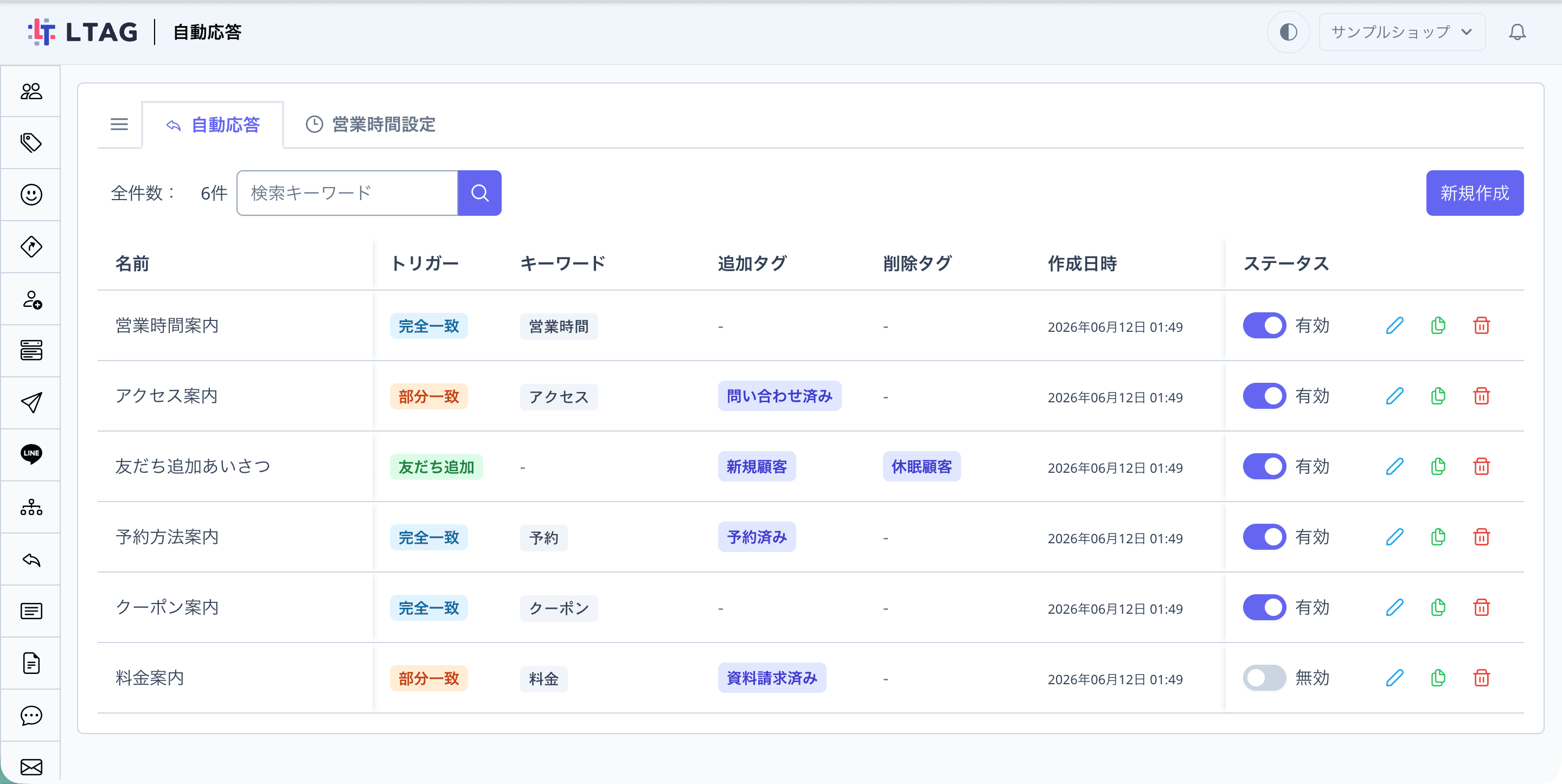 自動応答一覧画面の全体