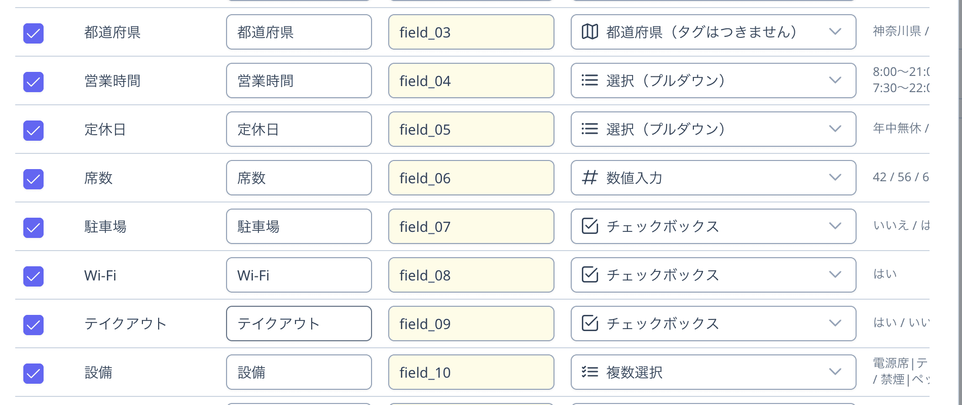 提案された項目タイプ（都道府県・選択・数値入力・チェックボックス・複数選択など）