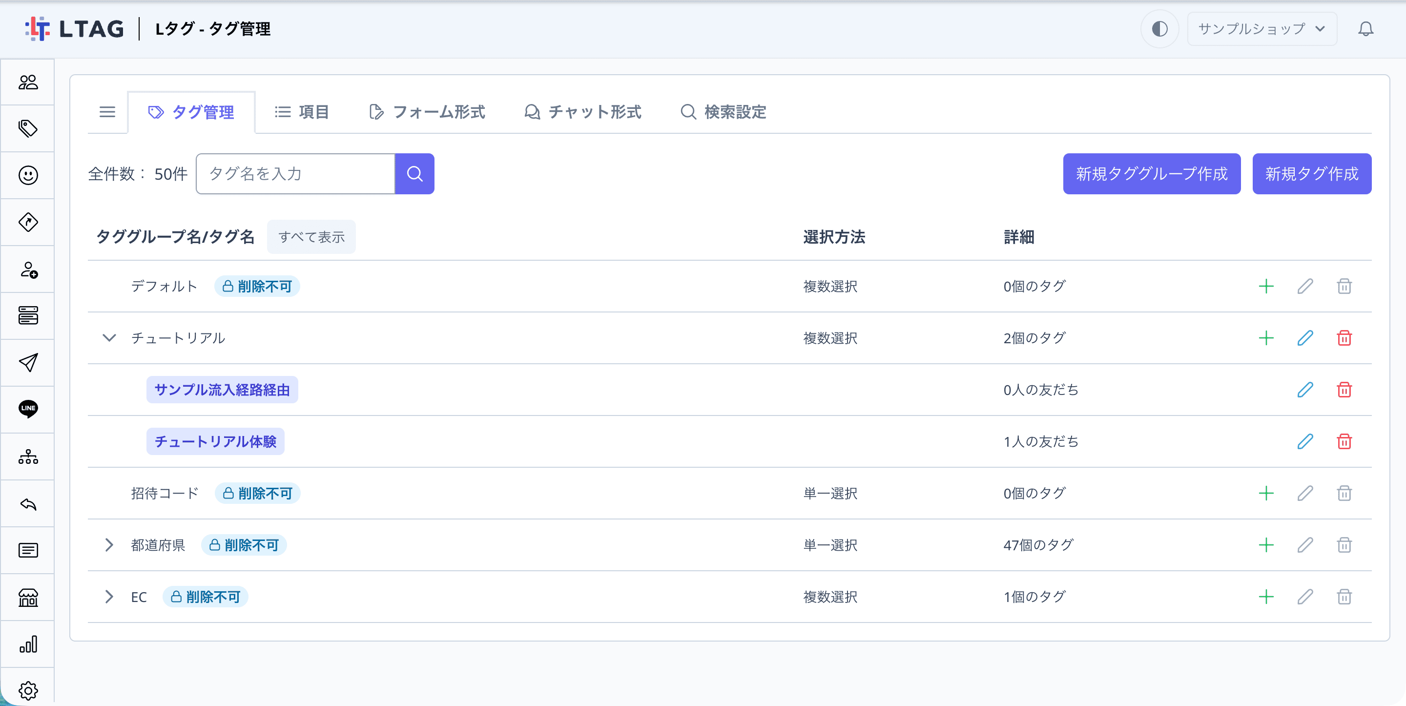 タグ管理のチュートリアルタググループとサンプルタグ