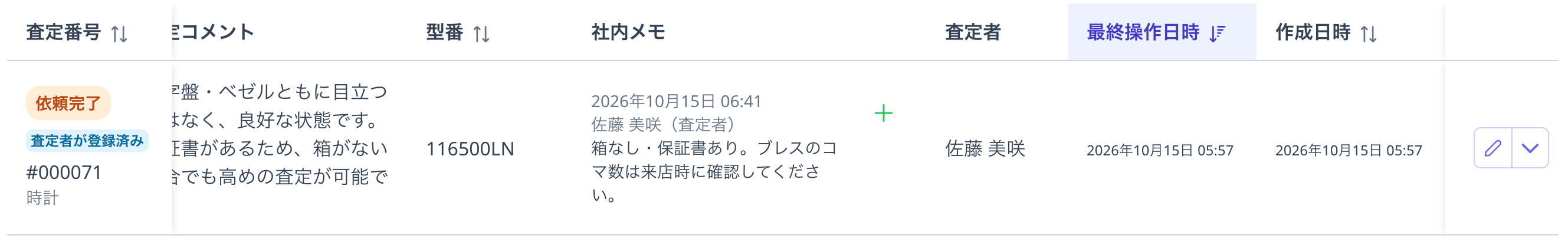 一覧の右側の列（型番・社内メモ・査定者・最終操作日時・作成日時）