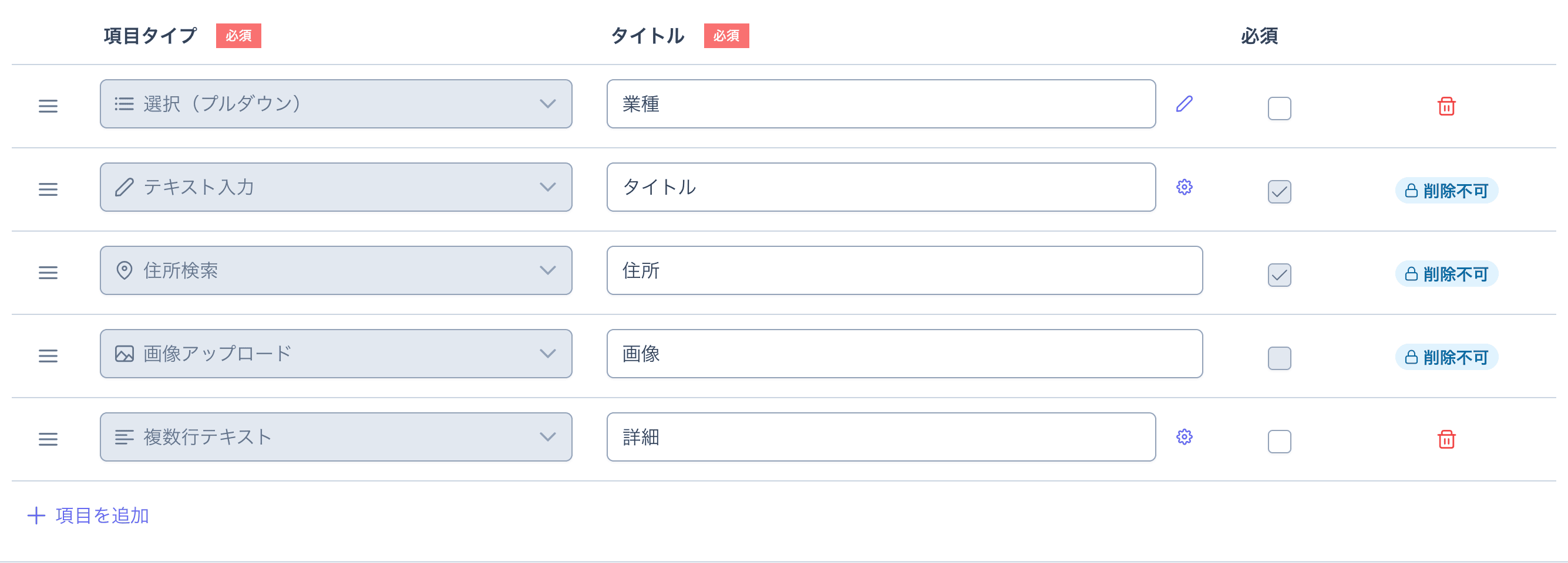 項目設定のテーブル