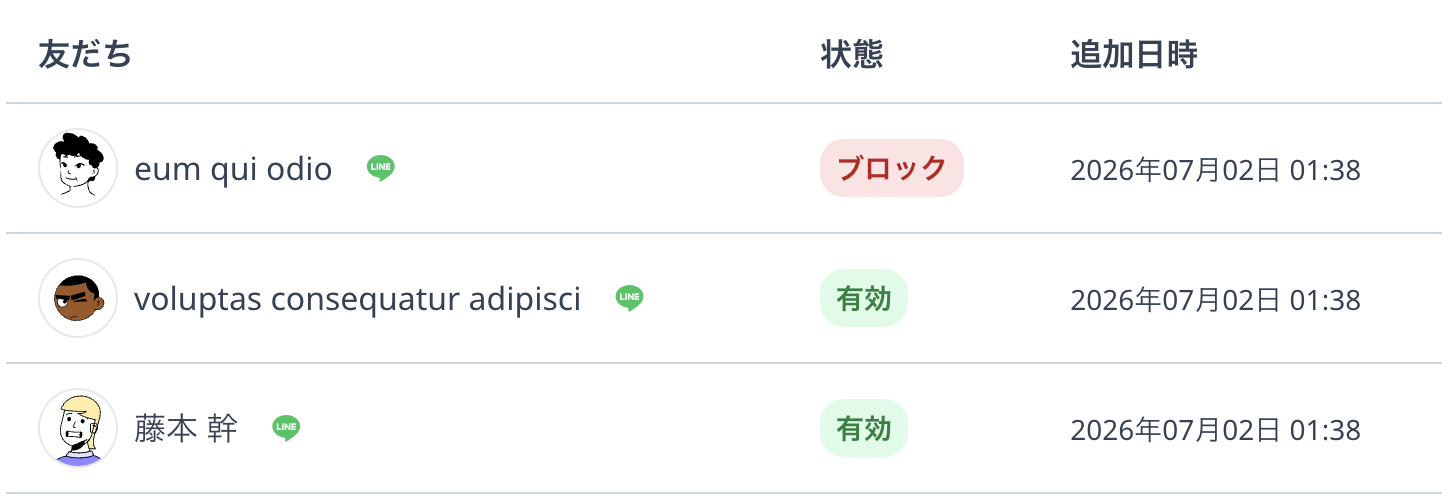 各友だちの状態（有効・ブロック・未確認）と追加日時を表示した一覧