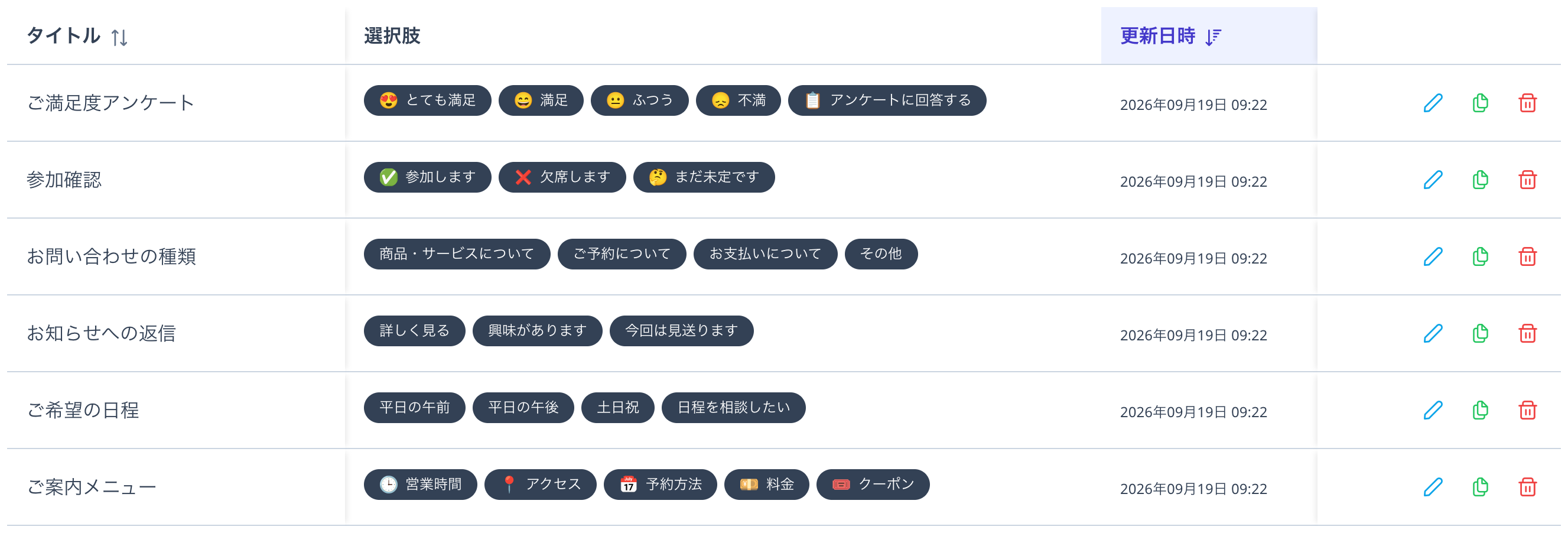クイックリプライ一覧の拡大。「ご満足度アンケート」「参加確認」「ご案内メニュー」などのテンプレートが並んでいる