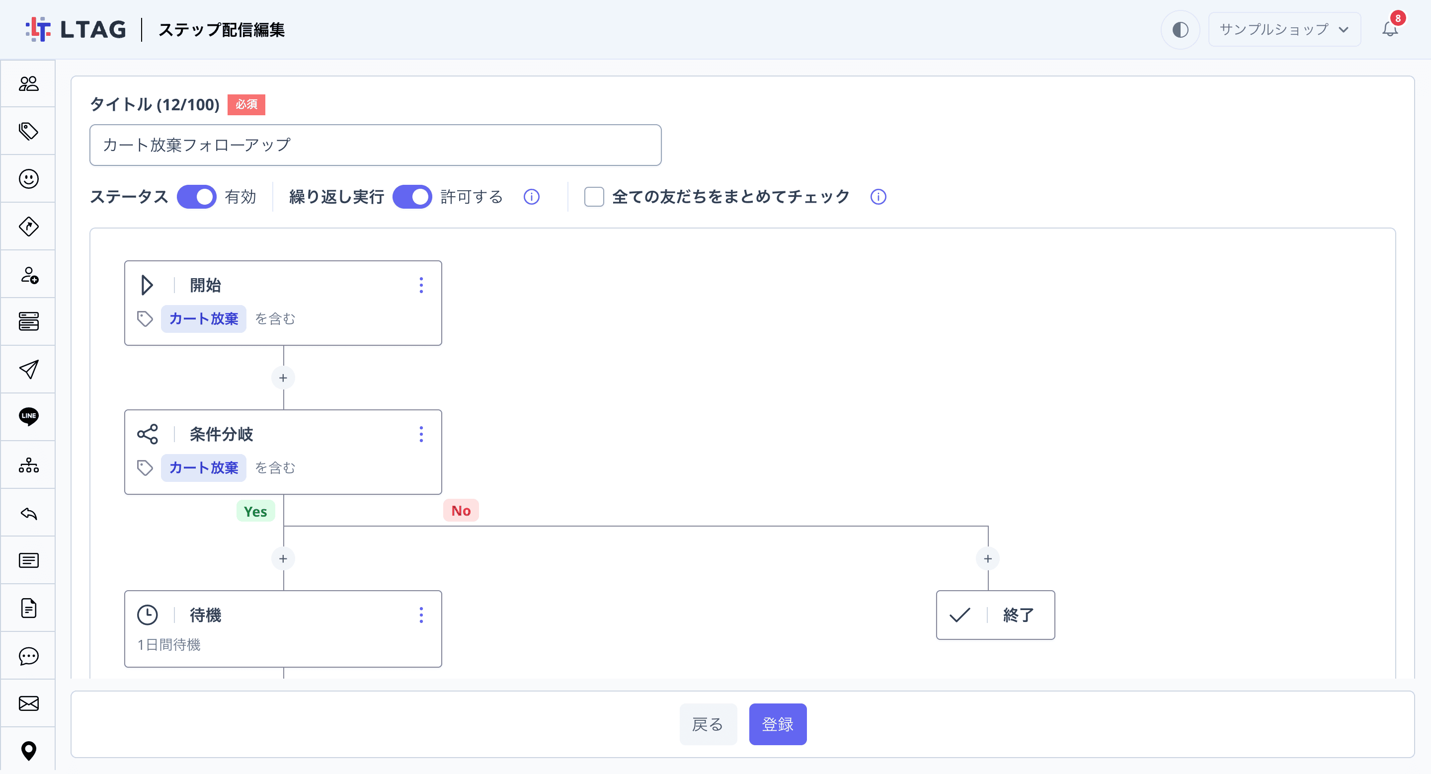 ステップ配信の編集画面。タイトル「カート放棄フォローアップ」の下に「ステータス」「繰り返し実行」「全ての友だちをまとめてチェック」が1行に並び、「繰り返し実行」が「許可する」になっている